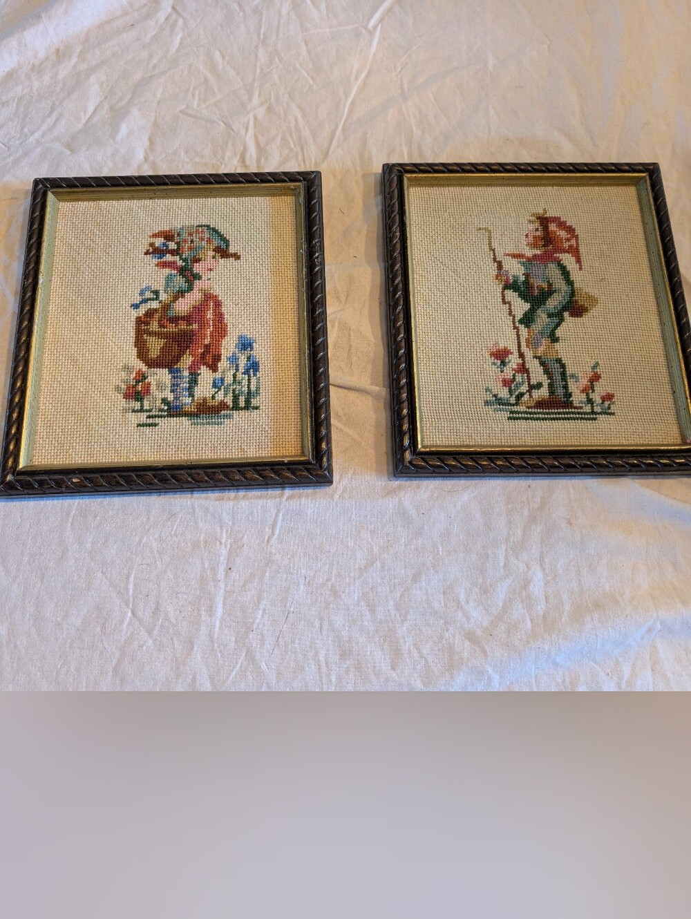 2/80$ Vintage Framed Needlepoint Pair in Green, Red, Blue and Brown